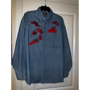 Coosa County clothing womens red hat blouse button down denim long sleeve LARGE